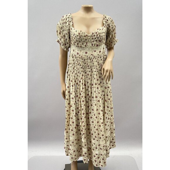 Free People Bali Juniper Smocked Floral Midi Dress Puff Sleeves Neutral Women 10 - Picture 4 of 16